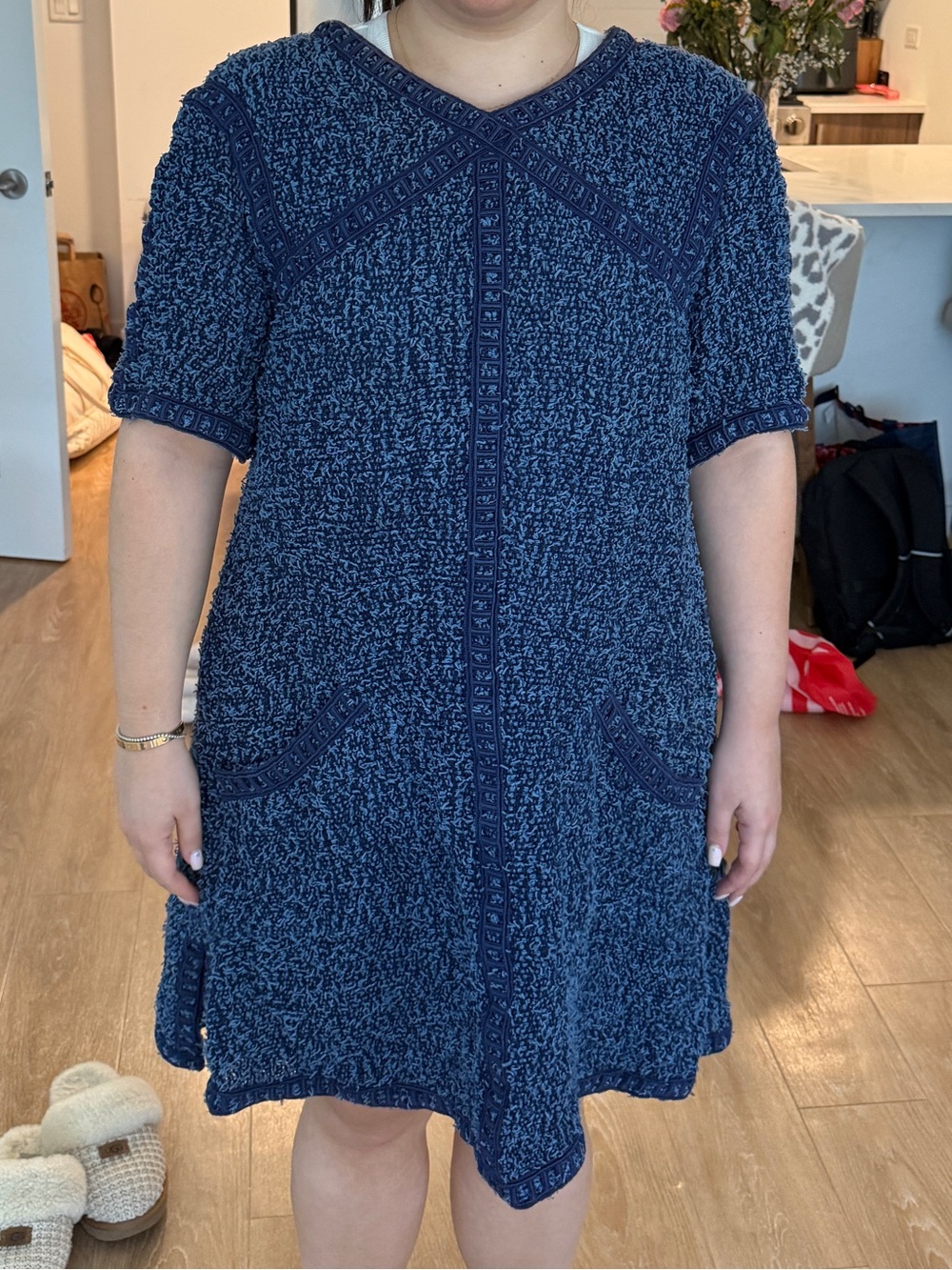 CHANEL Navy Textured V‑Neck Mini Dress